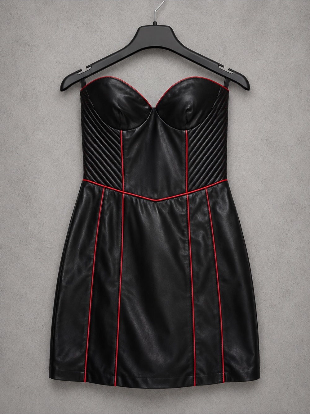 Zara Black Faux Leather Strapless Mini Dress Red Piping Bustier Size Small